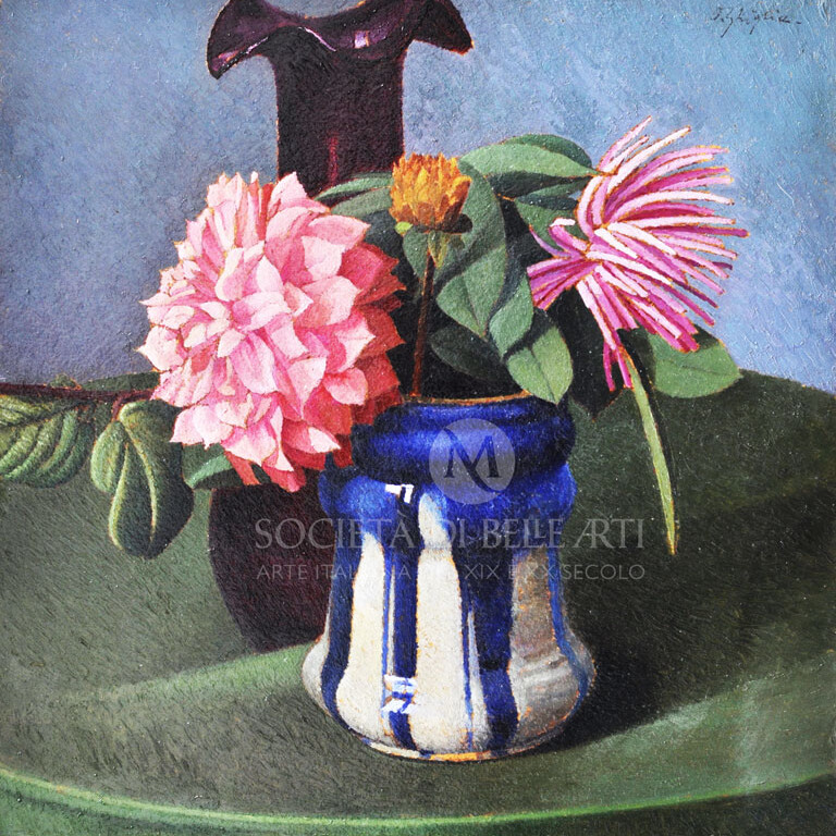 Oscar Ghiglia dipinto in vendita raffigurante vaso Copenaghen con fiori. Oscar Ghiglia quadri in vendita presso la Società di Belle Arti